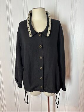 TARA VAO Black Linen Blend Oversized Boho Jacket Adjustable Balloon Hem Size L